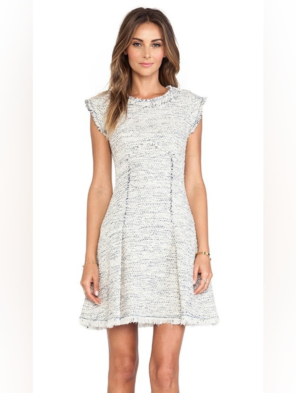 REBECCA TAYLOR Blue And Cream Speckled Tweed A-Line Mini Dress Size 6